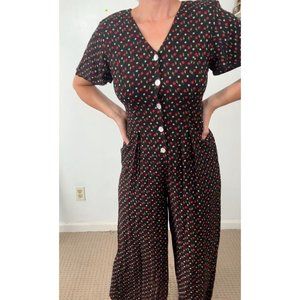 Vintage Ms Choice Womens 10 Romper Jumpsuit 90s Floral Black Red Short Sleeve US